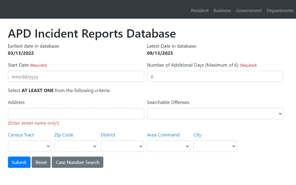 A screenshot of the APD Incident Reports Database for the City of Austin that is searchable by providing the date range, number of additional days, address, searchable offenses, and other information.