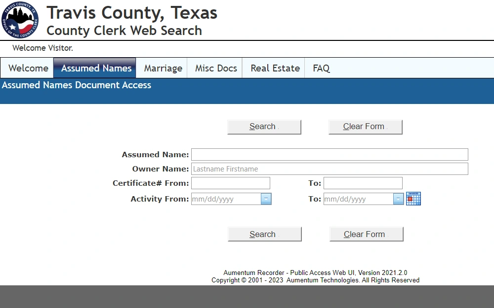 A screenshot of the Travis County Clerk's Web Search, where anyone can look up different types of records displaying several search tools or options to find information about a specific person.