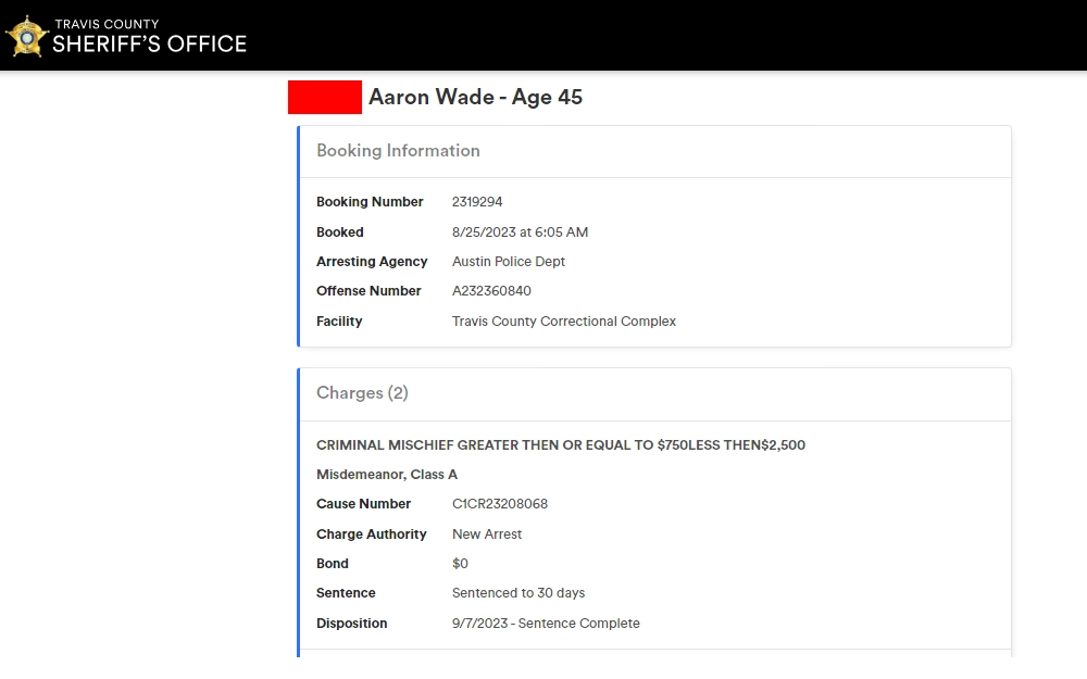 A screenshot of a sample description of an inmate from a search done through the inmate locator tool provided by the sheriff's office in Travis County; the inmate's name, age, booking information, charges, and other details are shown.