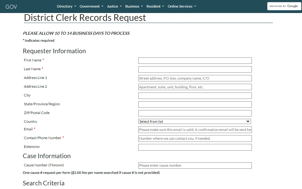 A screenshot of the Travis County District Clerk's record request form that is fillable online by providing the requester's information, case details, and other search criteria needed to locate a specific record of an individual.