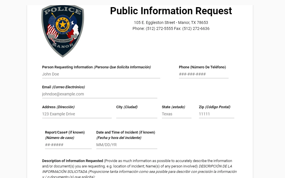 A screenshot of the Public Information Request form provided by the Manor Police Department that is searchable online by entering the necessary information such as the requesting person's information, phone number, email address, mailing address, report/case number, date and time of incident if known, and other information.