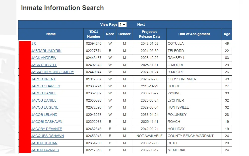 A screenshot of the inmate information search results provided by the Texas Department of Criminal Justice showing a list of inmates' names, TDCJ numbers, races, genders, projected release dates, units of assignment, ages, and a hyperlink that is routed to detailed information of a specific inmate.