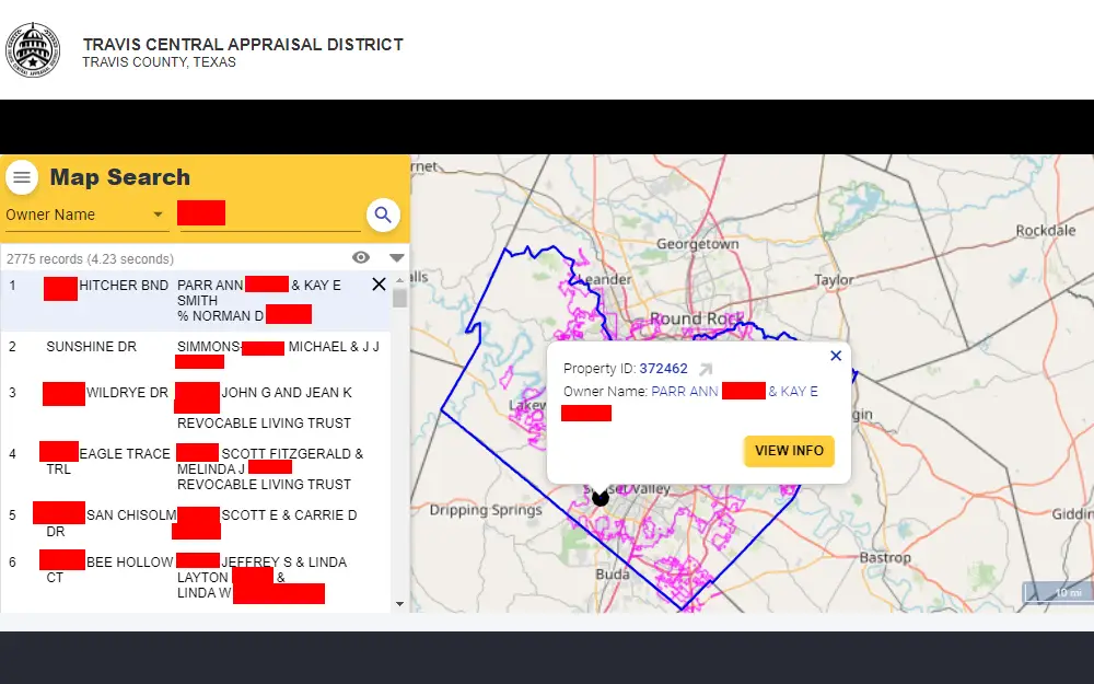 A screenshot showing the map search tool offered by the Travis Central Appraisal District, showing the map of Travis County and pointing to a specific address with other properties listed on the right side of the image.