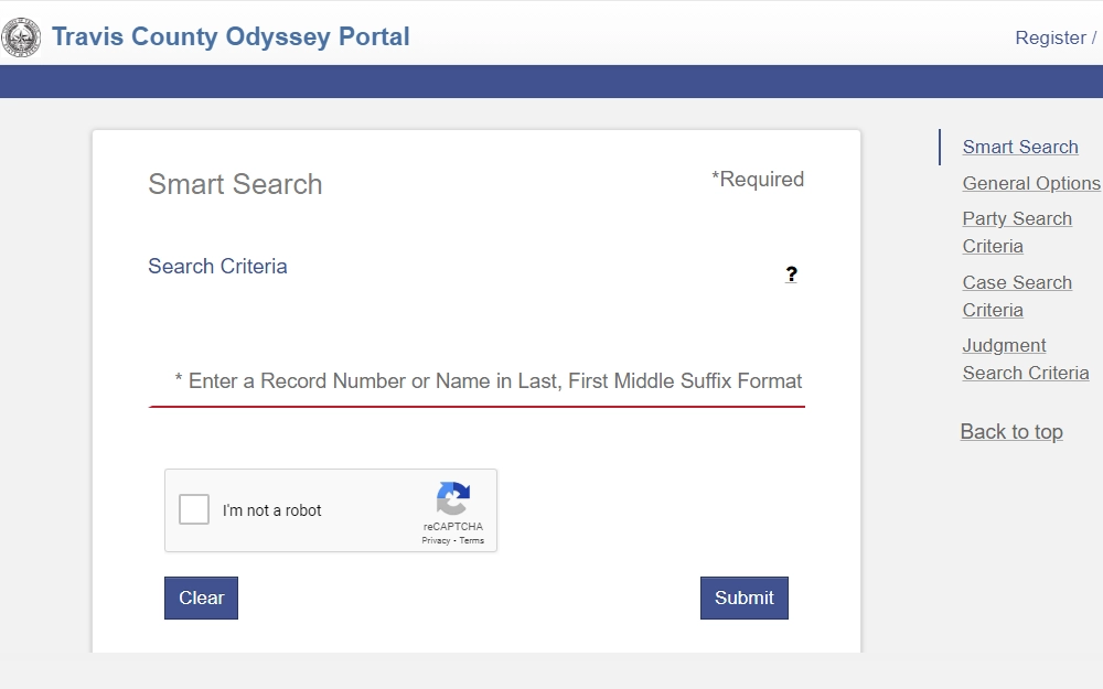 A screenshot of the Travis County Odyssey Portal displaying the smart search tool where anyone can look for any cases or records by providing the record number or name, and other options for a better search.