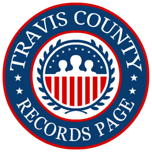 A round red, white, and blue logo with the words 'Travis County Records Page' for the state of Texas.