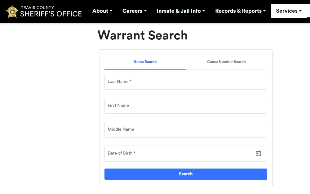 A screenshot of the Warrant Search tool maintained by the sheriff's office in Travis County; can be searched by providing the case number or the name and date of birth of the person being checked.