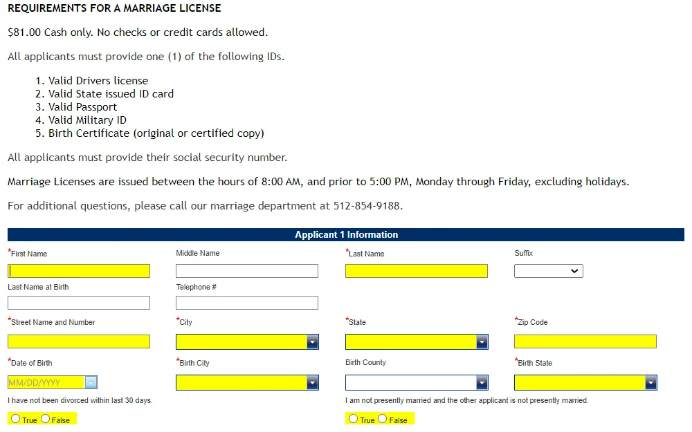 Screenshot of the online marriage application form showing the requirements needed and fields for applicant information.