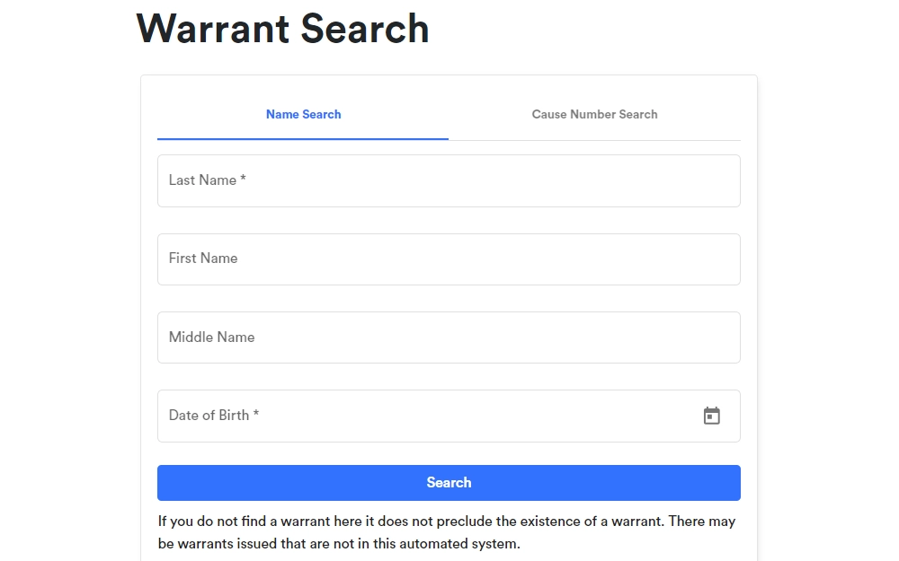 A screenshot of the warrant search tool showing fields for name and birthdate.