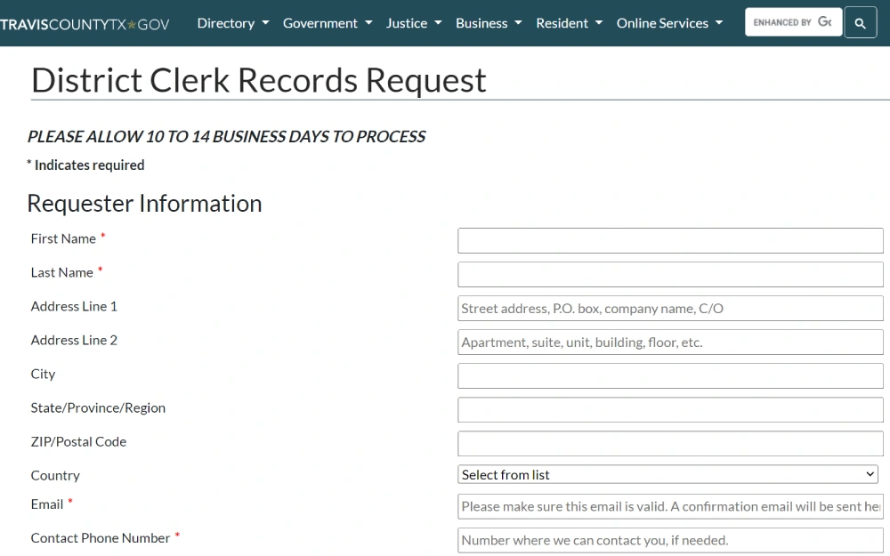 A screenshot showing a request form for district clerk records, with fields for the requester's personal information, including name, address, and contact details.