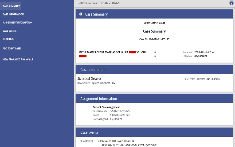 A screenshot displaying a legal case summary interface from a district court detailing a marital dissolution case without children, including case assignment information and event history.