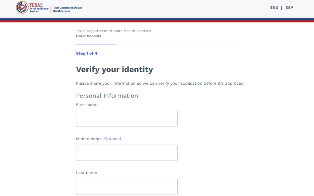 An online form from the Texas Department of State Health Services for a user to fill in personal information as part of an identity verification process during an application.