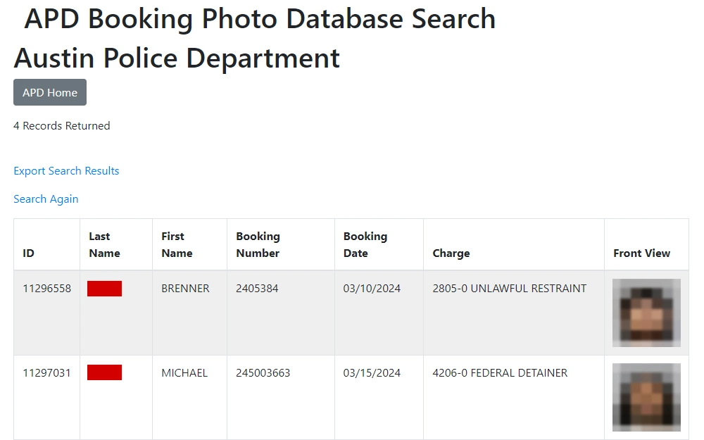 Screenshot from the Austin Police Department's search tool for booking records, displaying the returns in a table form including the offender's ID number, last name, first name, booking number, booking date, charge, and front view mugshot.