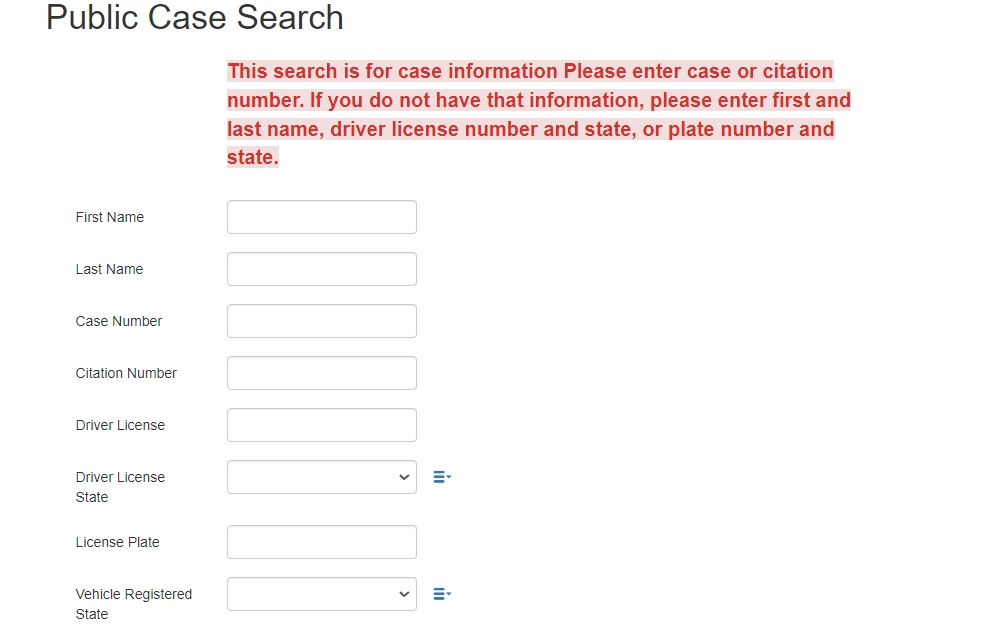 Screenshot of Austin Municipal Court's public case search page showing a note of filling instructions followed by the input fields for first name, last name, case number, citation number, driver license, driver license state, license plate, and vehicle registered state.