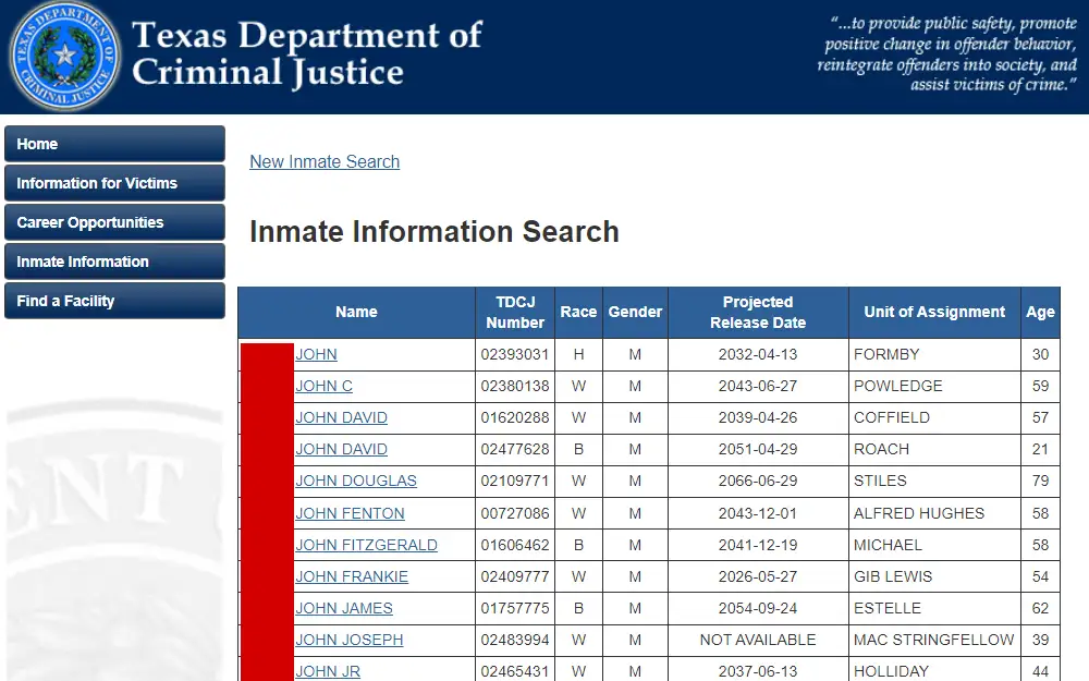 Screenshot of the search results from the inmate information search tool from Texas Department of Criminal Justice listing the inmates' names, TDCJ numbers, races, genders, projected release dates, units of assignment, and ages in a table.