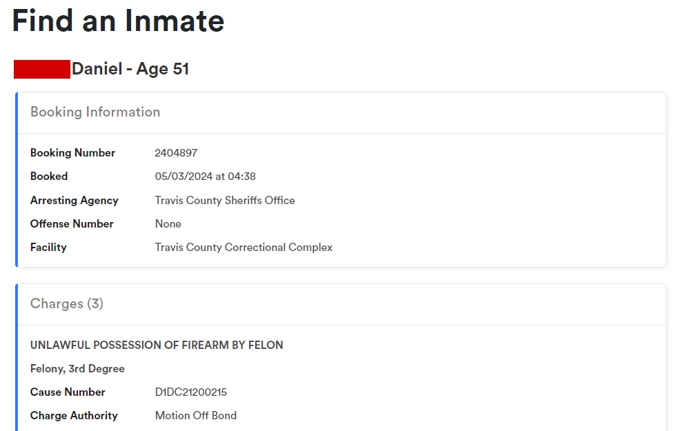 Screenshot of an offender's booking and charges details taken from the inmate search tool provided by Travis County Sheriff's Office, displaying the name, age, booking number, date and time, arresting agency, offense number, facility, offense, offense type, cause number, and charge authority.