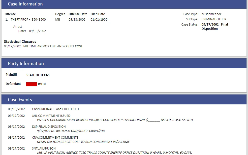 Screenshot of a misdemeanor case detail from Travis County Odyssey Portal displaying three out of the five sections in: case information (offense, degree, offense and filing dates, arrest date, case type, subtype, status, and statistical closures), party information (plaintiff and defendant's name), and case events.