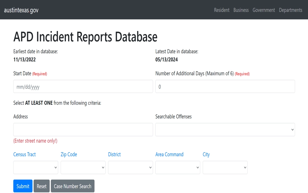 A screenshot of the APD Incident Reports Database for the City of Austin that is searchable by providing the date range, number of additional days, address, searchable offenses, and other information.