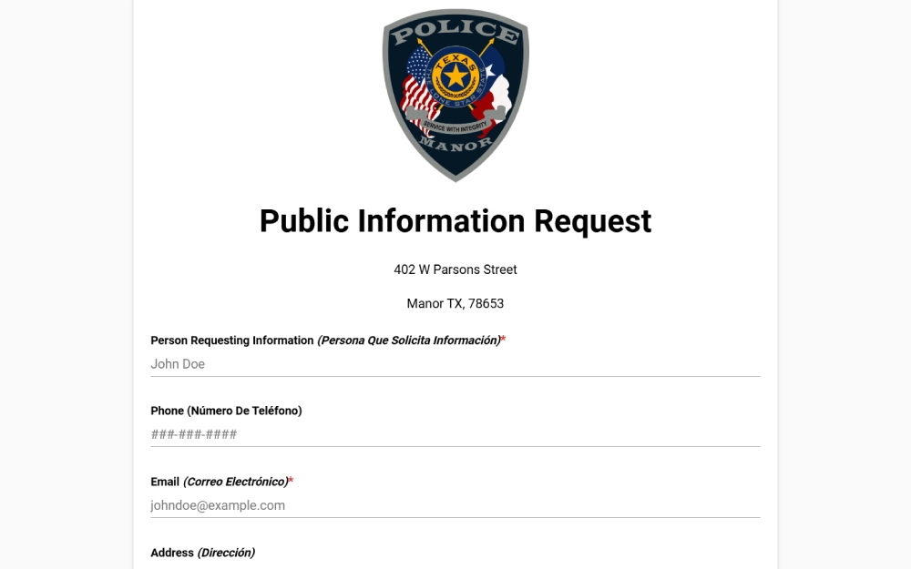 A screenshot of the Public Information Request form provided by the Manor Police Department that is searchable online by entering the necessary information such as the requesting person's information, phone number, email address, mailing address, report/case number, date and time of incident if known, and other information.