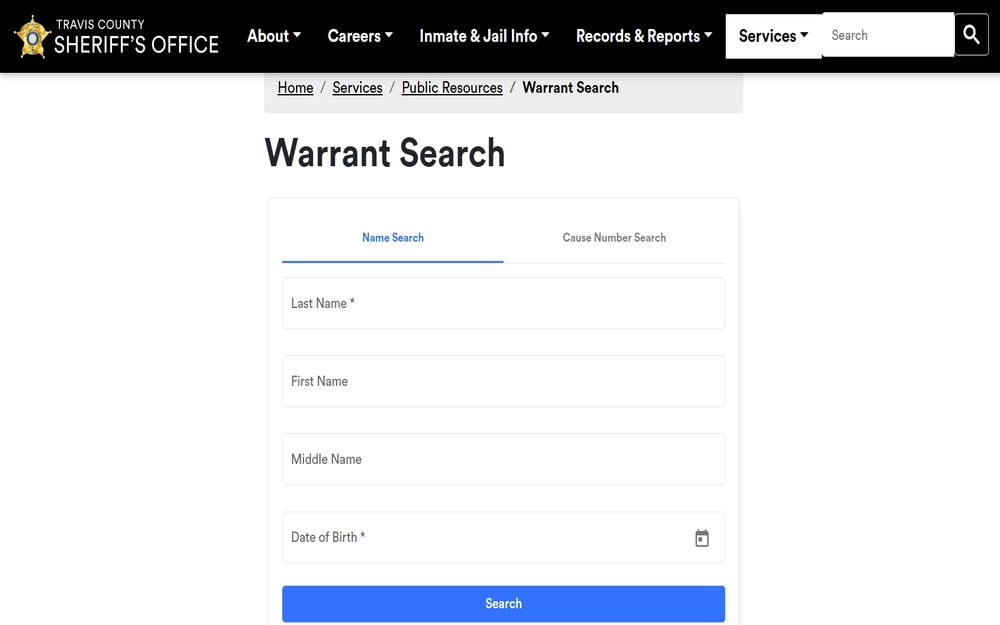 A screenshot of the Warrant Search tool maintained by the sheriff's office in Travis County; can be searched by providing the case number or the name and date of birth of the person being checked.