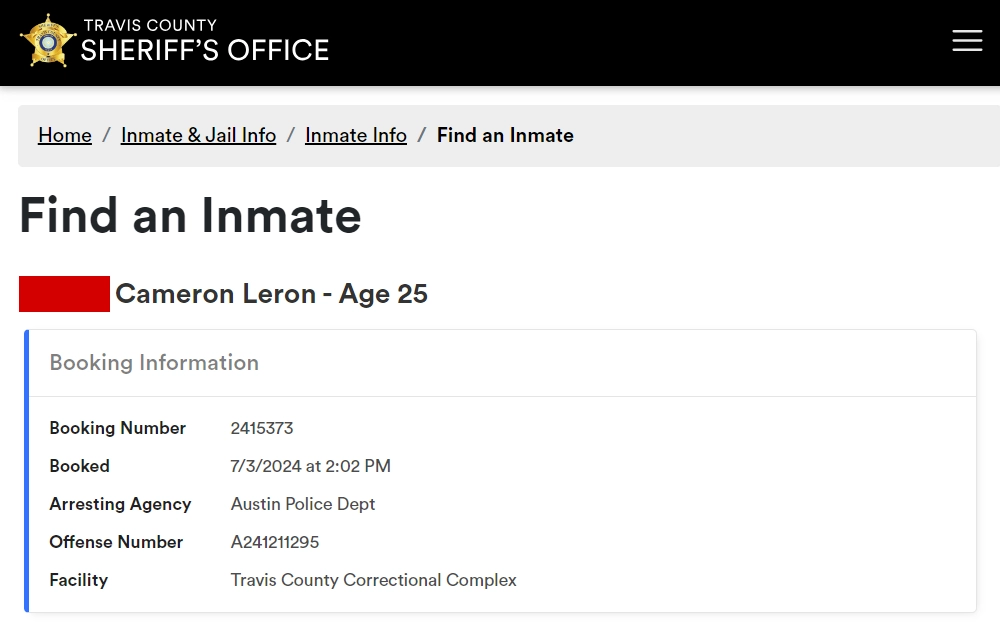 A screenshot of the inmate information provided by the Travis County Sheriff's Office tool includes the booking information and respective charges.